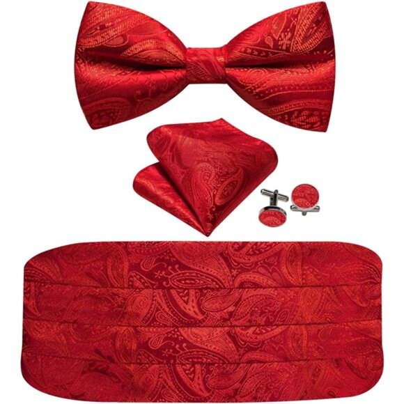 Men's Paisley Cummerbund & Bowtie Set – Includes Pretied Bowtie & Pocket Square, Brand New With Tags